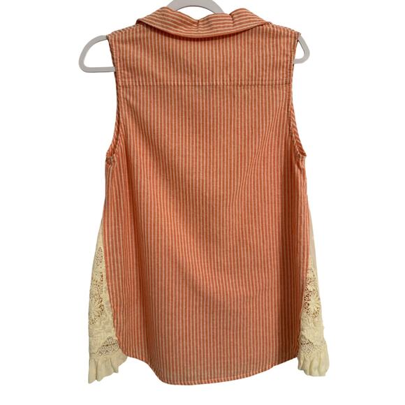 White Crow Women's L Boho Pink Stripe Crochet Sleeveless Button Tunic Top Beach - Picture 2 of 9